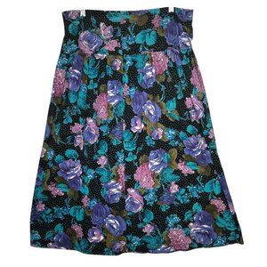 Fritzi Medium Black With Purple & Teal Rose Vintage Floral Midi Skirt U.S.A. Off